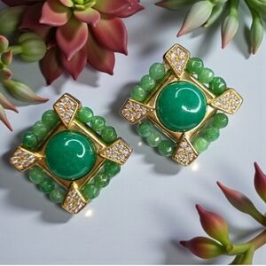 Exquisite 18k Gold Plated Jade Cabochon Crystal Earrings